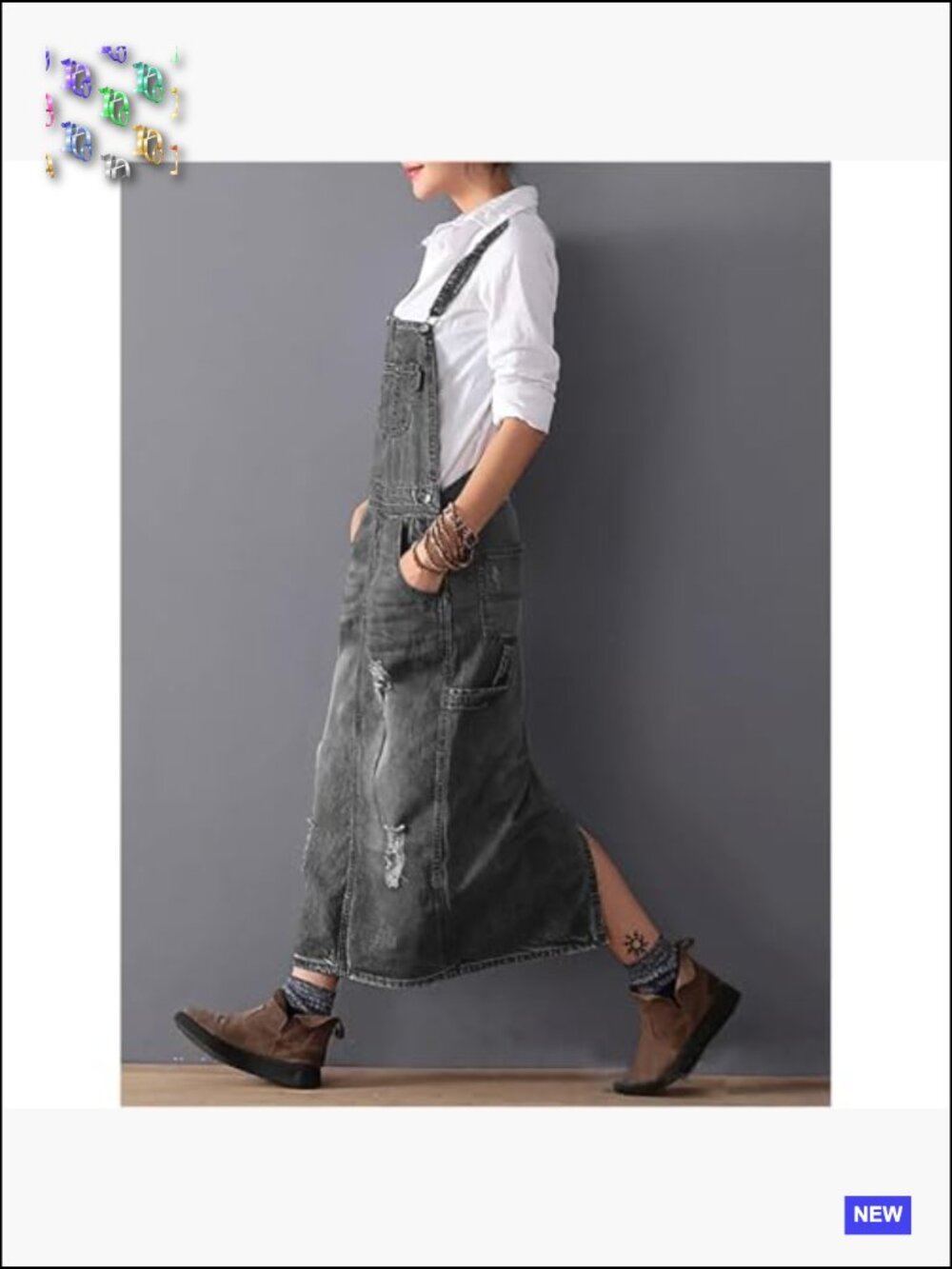 Adjustable Strap Distressed Denim Overall Dress A-Line Pinafore Jean Dress with - Picture 2 of 6
